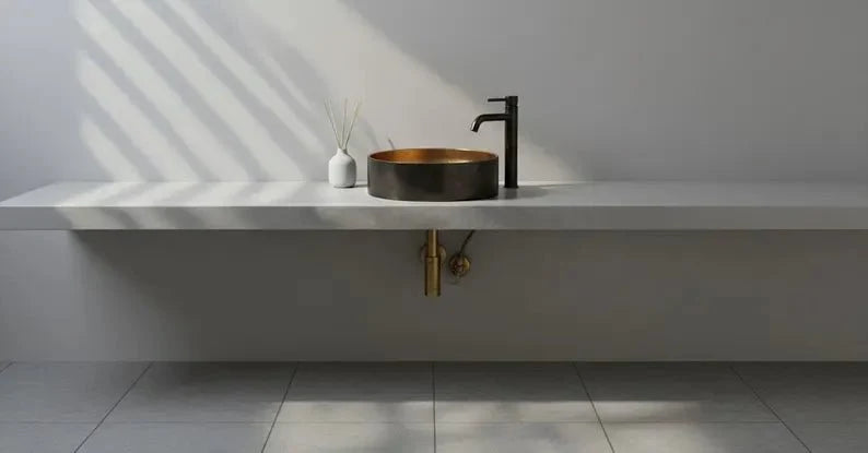 Hand-Hammered Black Patina Copper Vessel Sink - Golden Interior Contrast