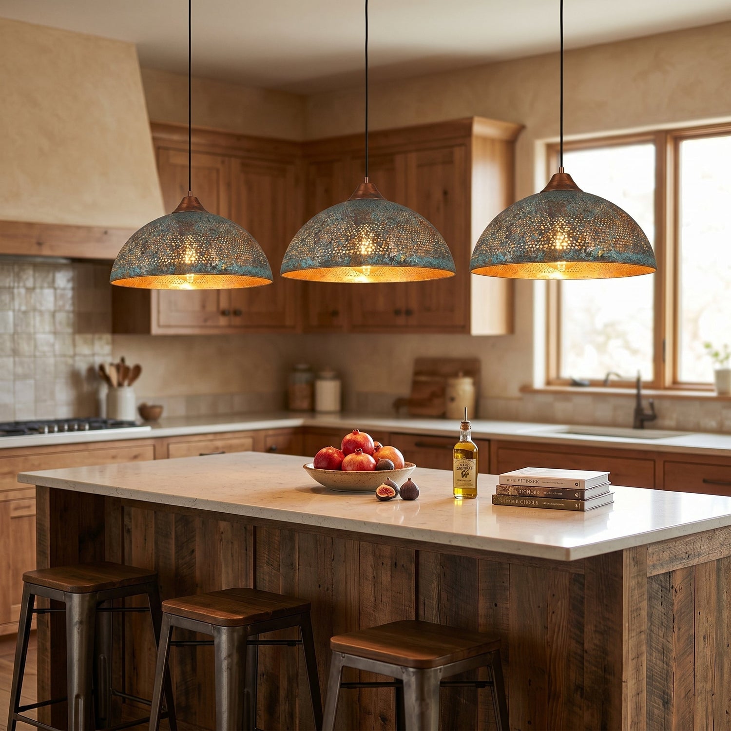 Hand-Hammered Blue Patina Copper Pendant Light