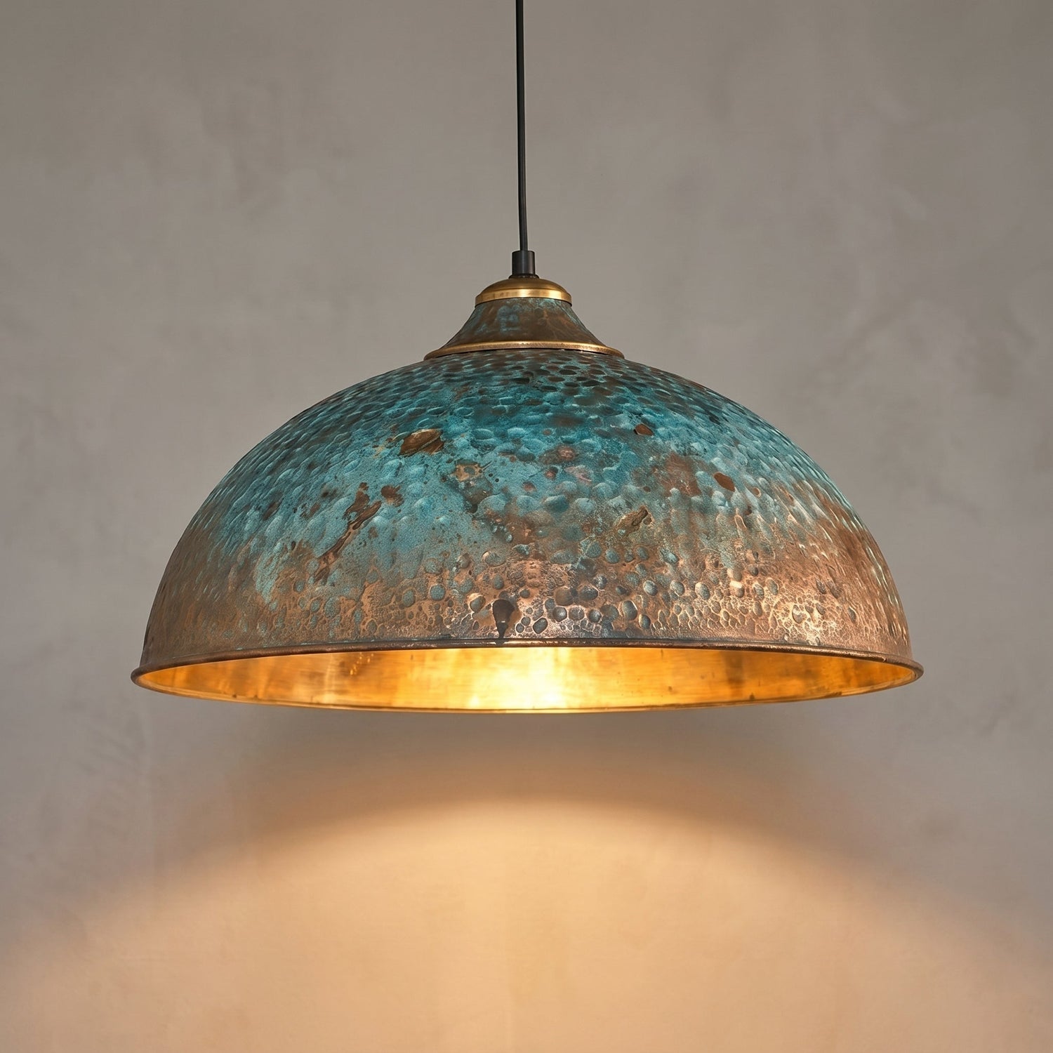 Hand-Hammered Brass Dome Pendant Light - Turquoise Patina Finish