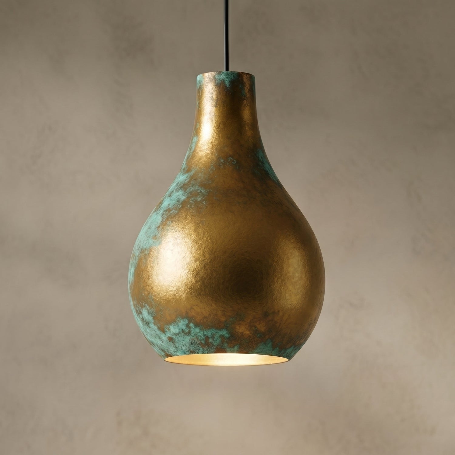 Hand-Hammered Brass Teardrop Pendant - Verdigris Patina Ceiling Lamp