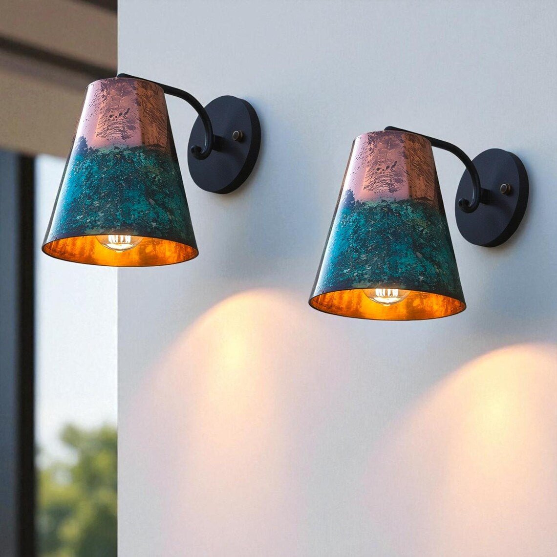 Hand-Hammered Conical Copper Wall Sconce - Blue-Green Patina Finish