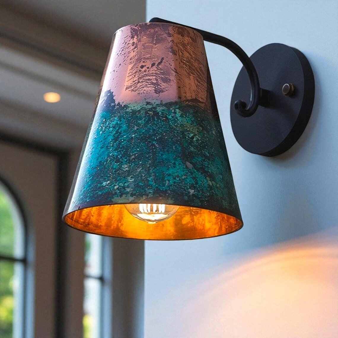 Hand-Hammered Conical Copper Wall Sconce - Blue-Green Patina Finish