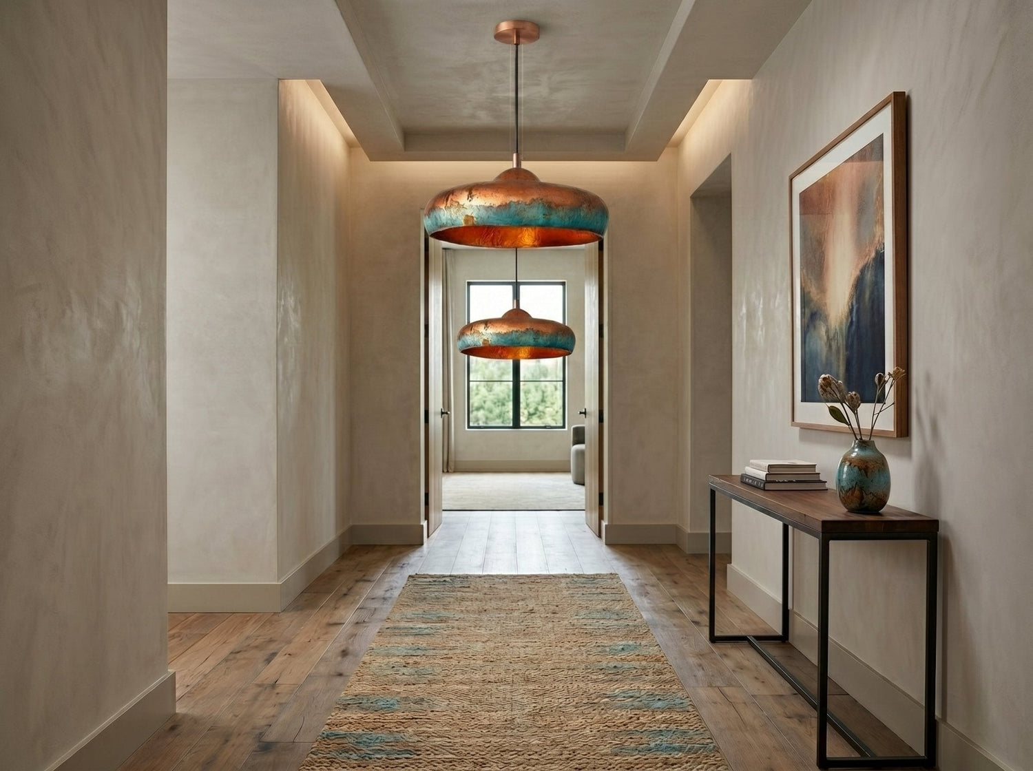 Hand-Hammered Copper Dome Pendant Light - Blue Patina Finish
