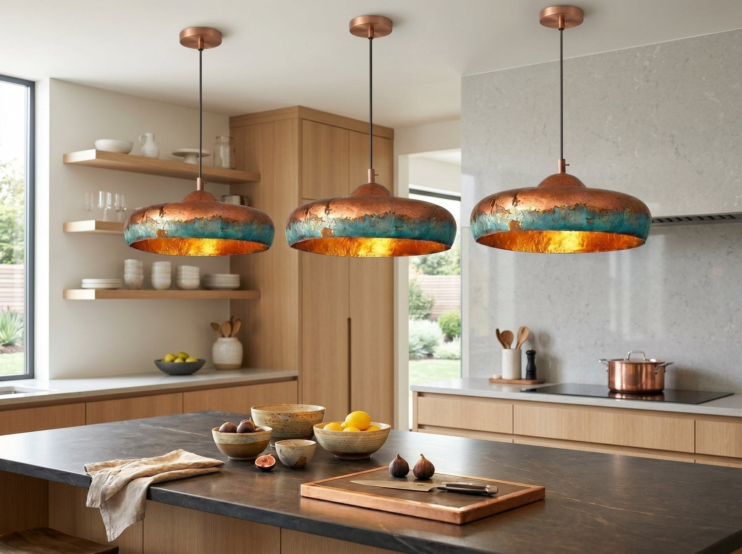 Hand-Hammered Copper Dome Pendant Light - Blue Patina Finish
