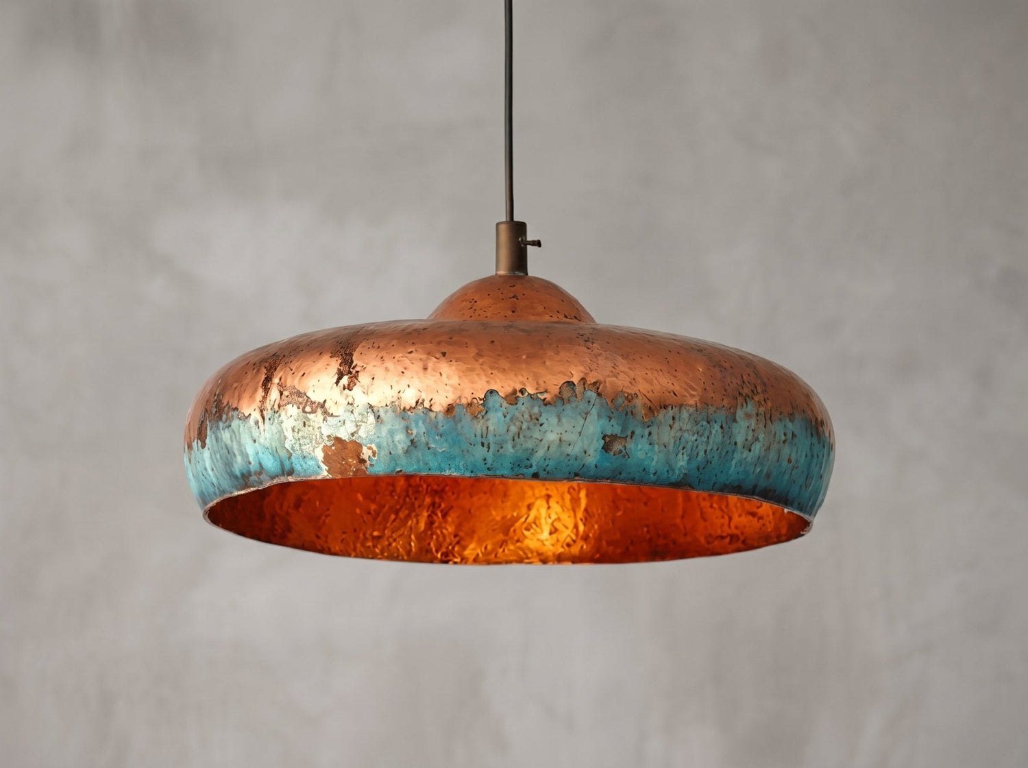 Hand-Hammered Copper Dome Pendant Light - Blue Patina Finish
