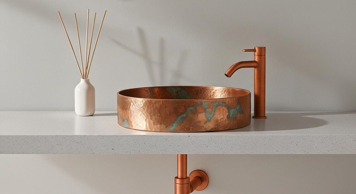 Hand-Hammered Copper Vessel Sink - Marbled Green Patina Accents
