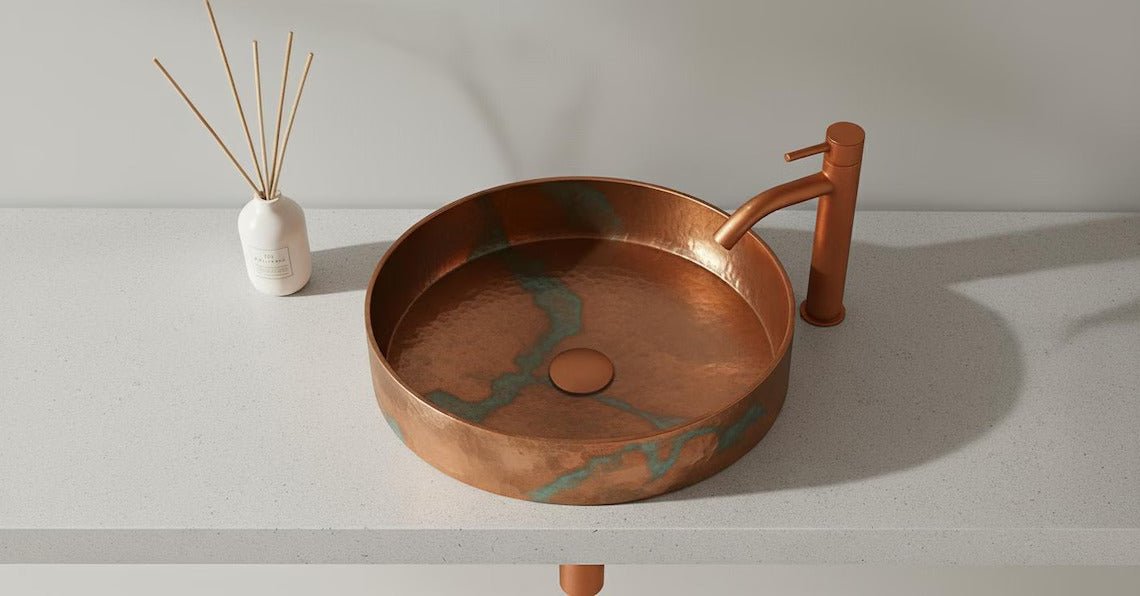 Hand-Hammered Copper Vessel Sink - Marbled Green Patina Accents