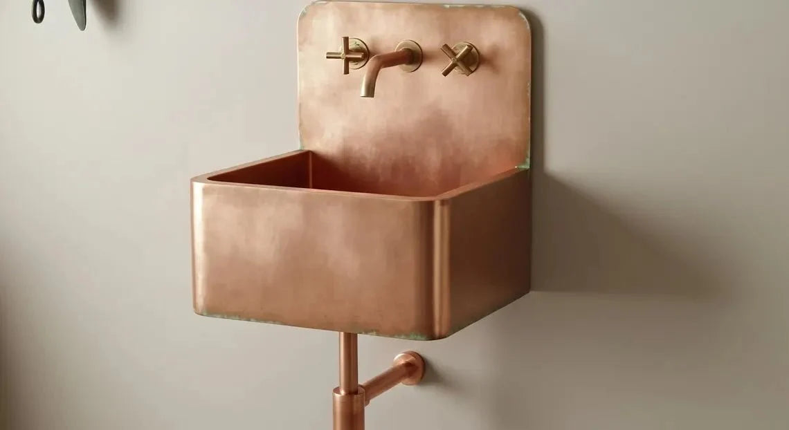 Hand-Hammered Copper Wall Mount Sink - Verdigris Edge Patina & Industrial Backplate