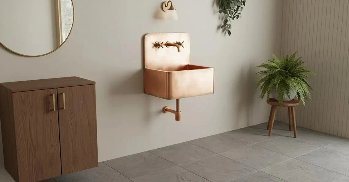 Hand-Hammered Copper Wall Mount Sink - Verdigris Edge Patina & Industrial Backplate