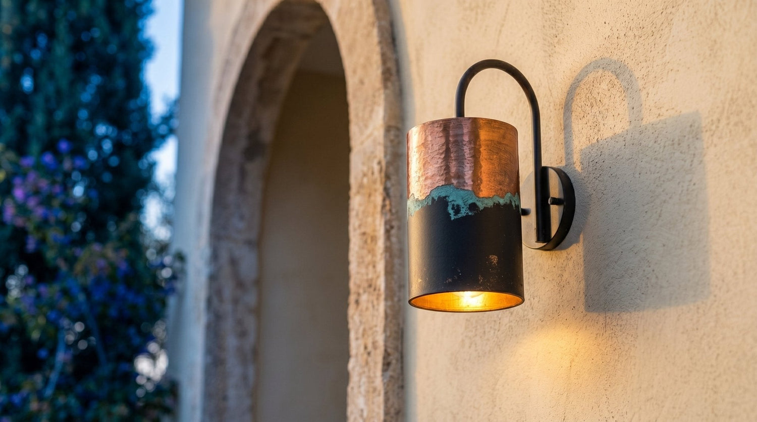 Hand-Hammered Copper Wall Sconce - Aged Patina & Matte Black