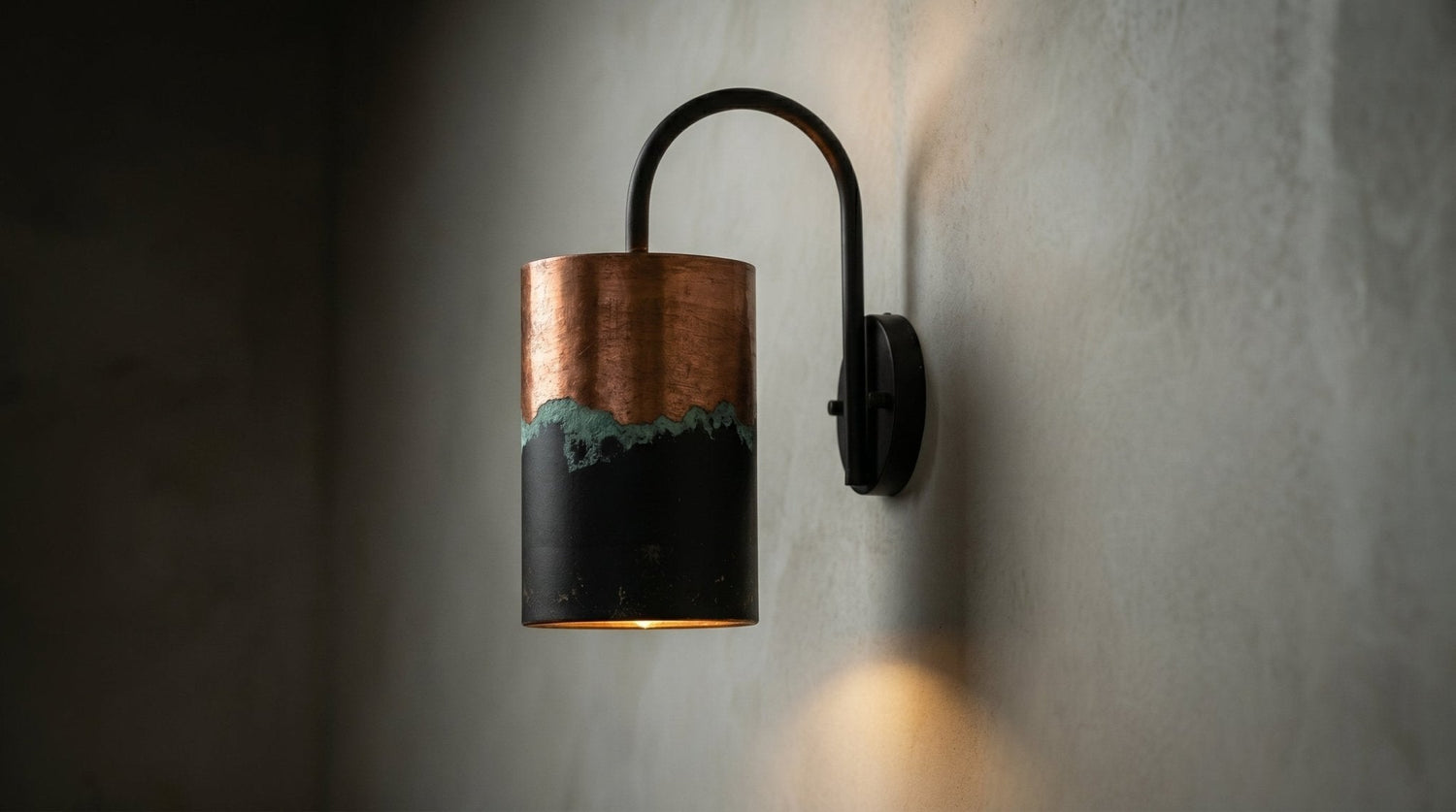 Hand-Hammered Copper Wall Sconce - Aged Patina & Matte Black