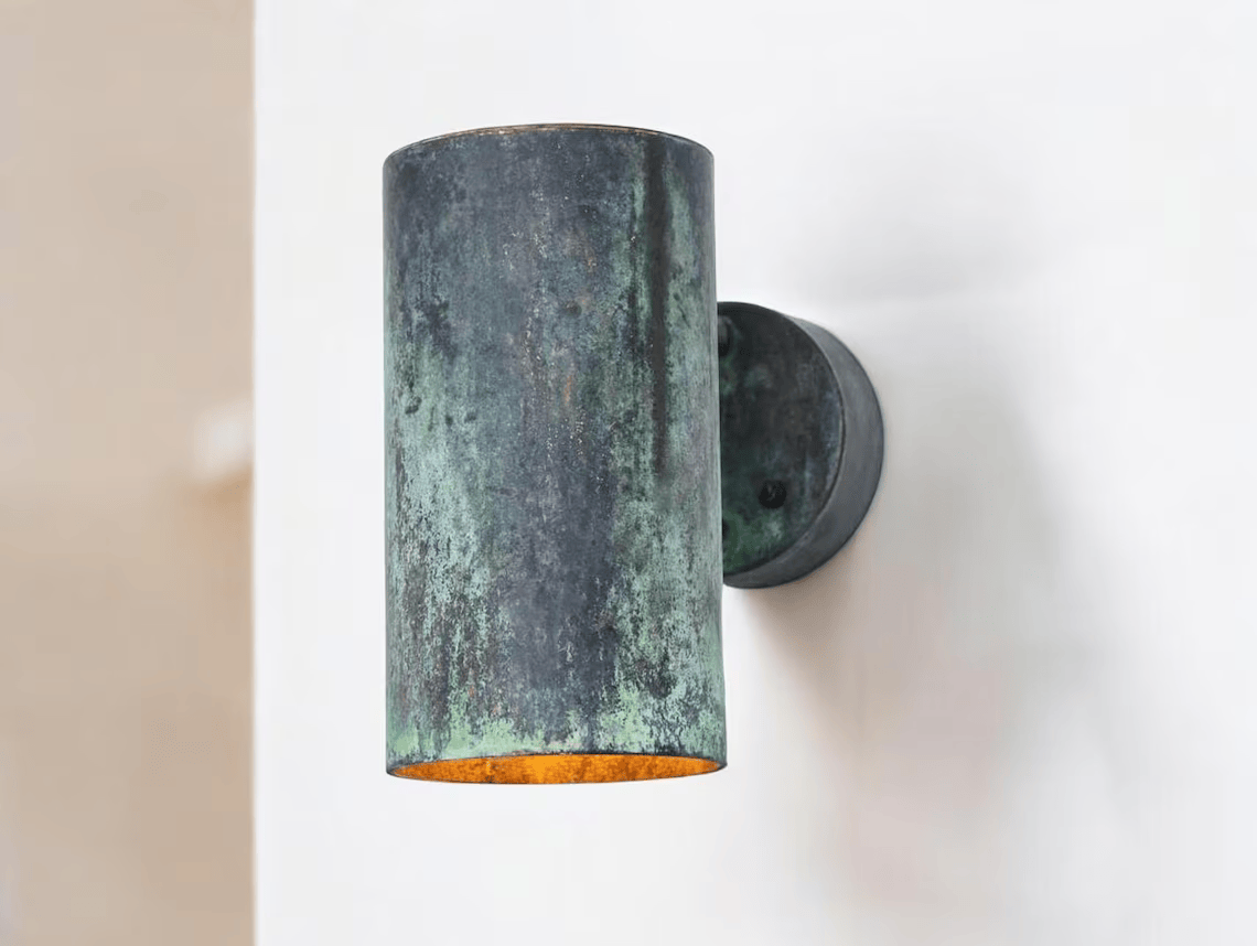 Hand-Hammered Cylindrical Copper Wall Sconce - Aged Verdigris Green Patina
