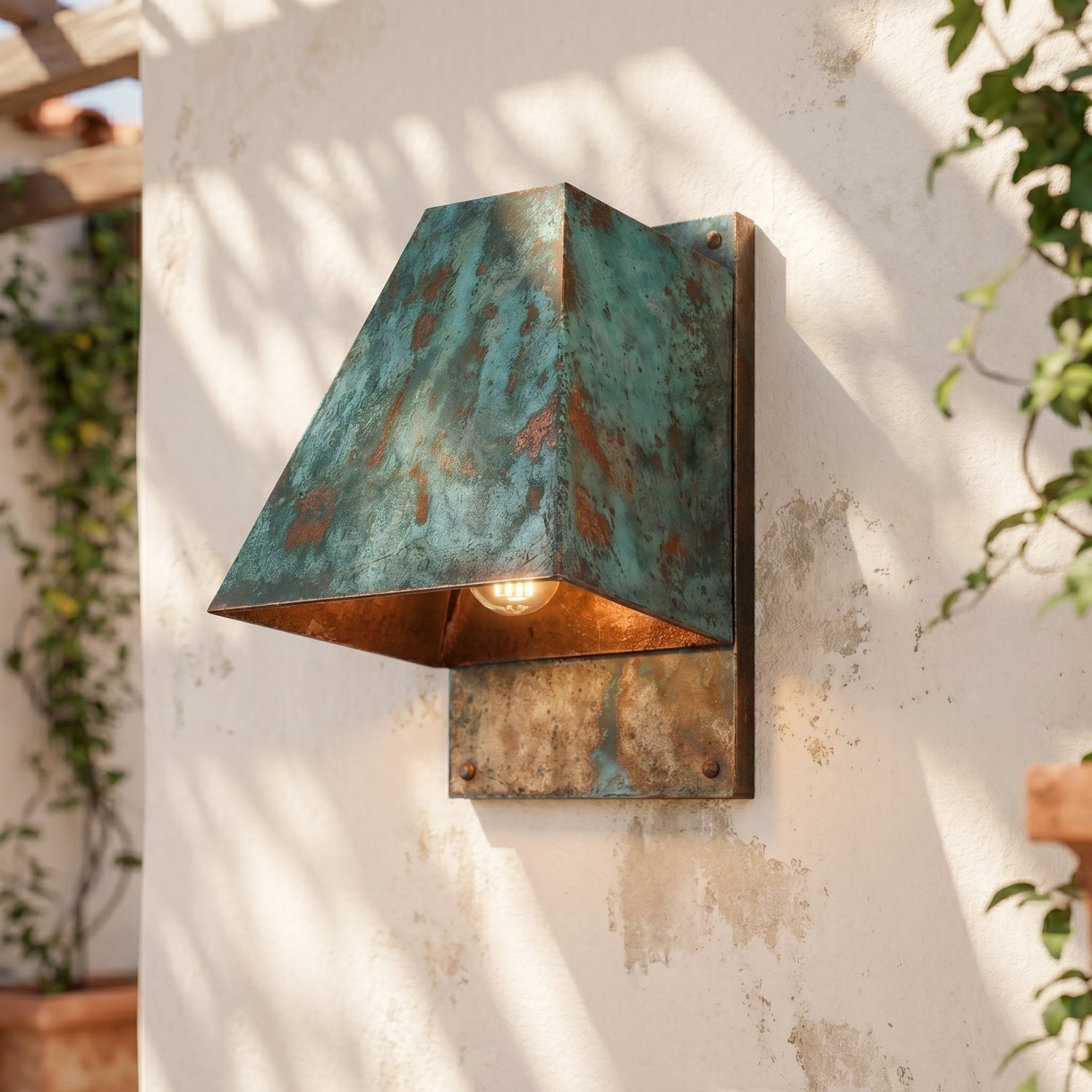 Hand-Hammered Oxidized Copper Wall Sconce - Blue-Green Patina