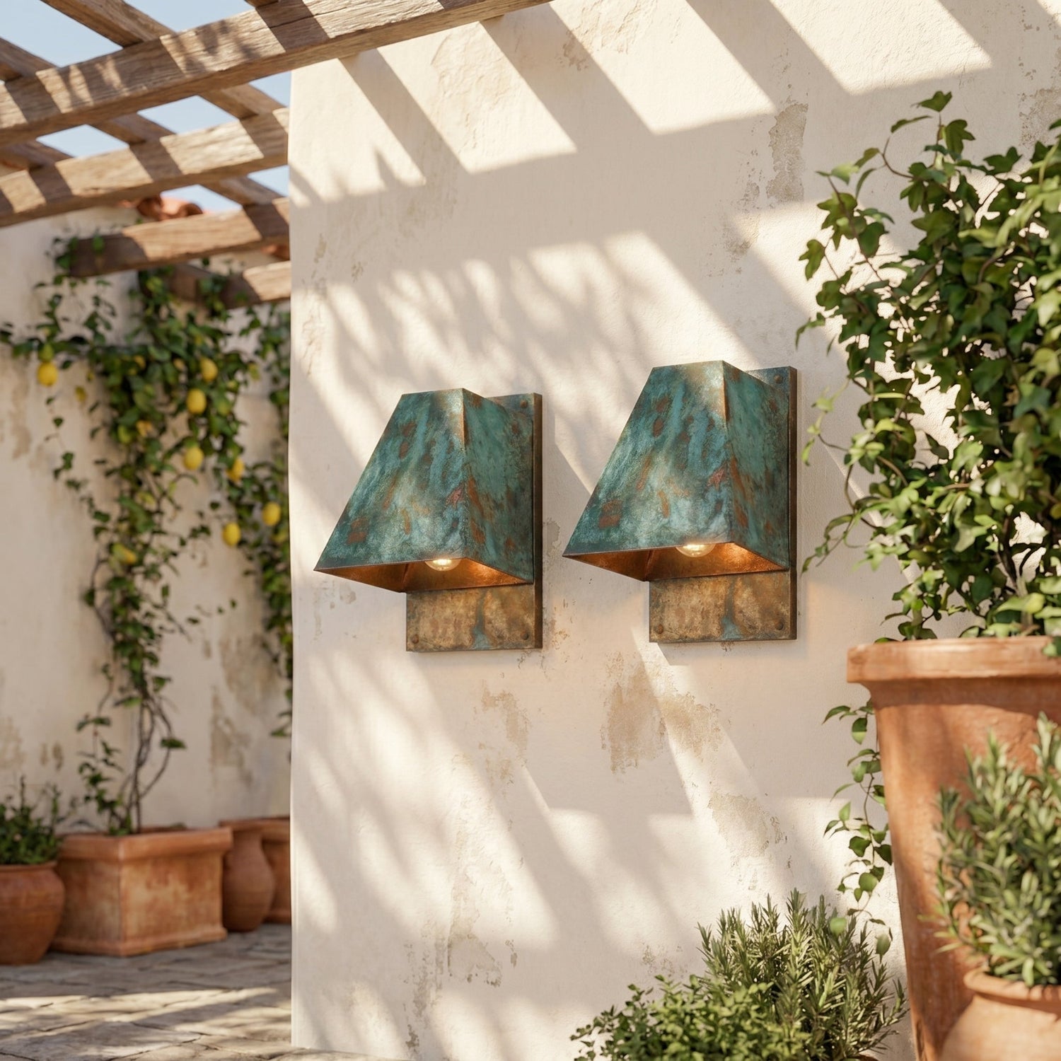 Hand-Hammered Oxidized Copper Wall Sconce - Blue-Green Patina