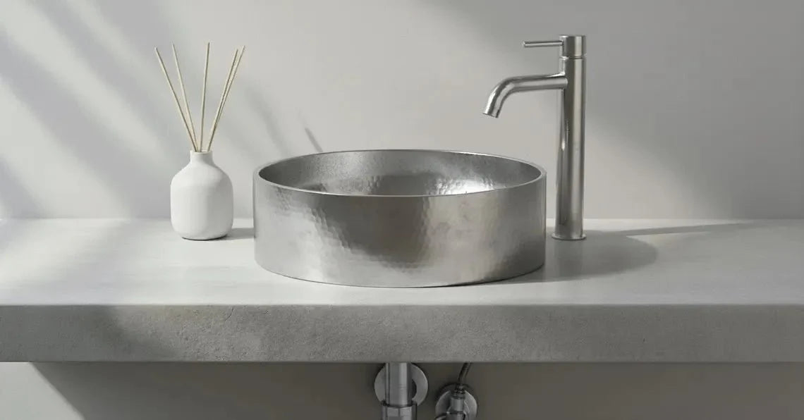 Hand-Hammered Stainless Steel Vessel Sink - Modern Industrial Bathroom Basin