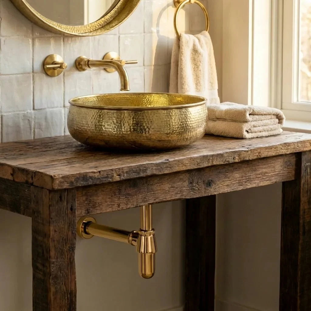 Hand-Hammered Unlacquered Brass Vessel Sink – Round Artisan Bathroom Basin