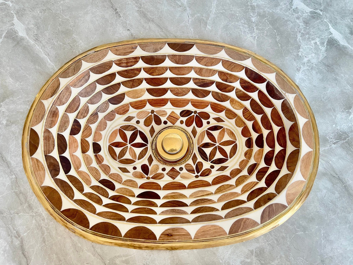Handcrafted Drop In Bathroom Sink - Oval Brass & Wood Vanity Basin