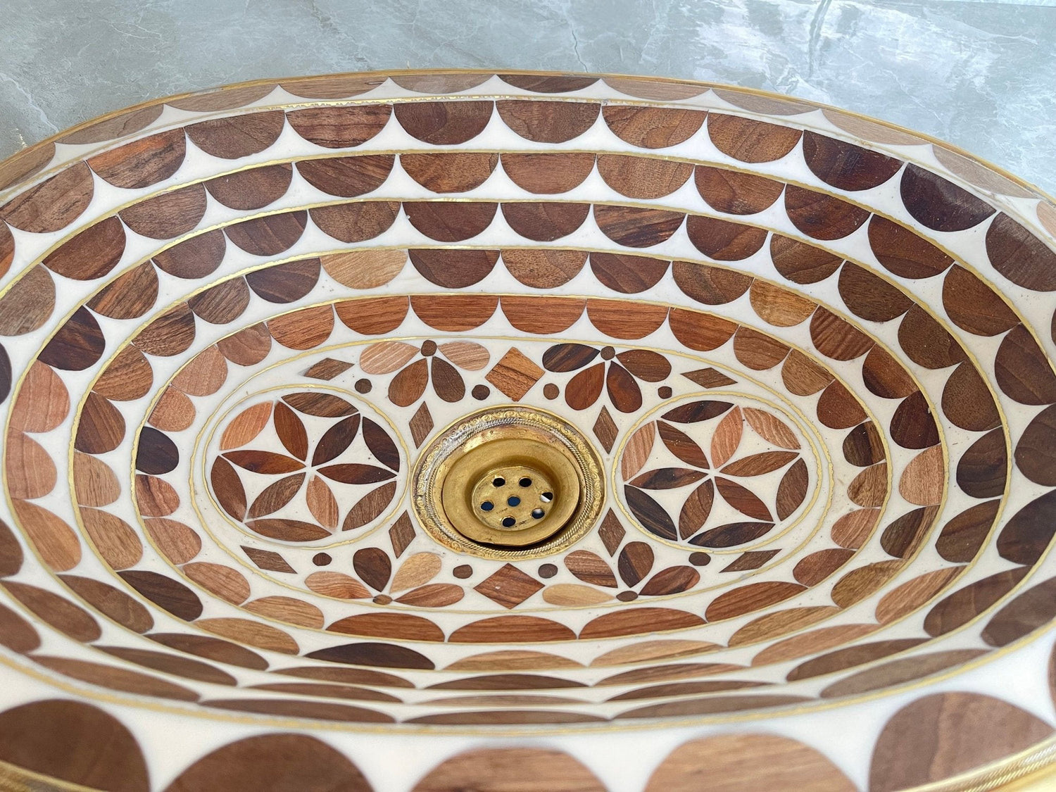 Handcrafted Drop In Bathroom Sink - Oval Brass & Wood Vanity Basin