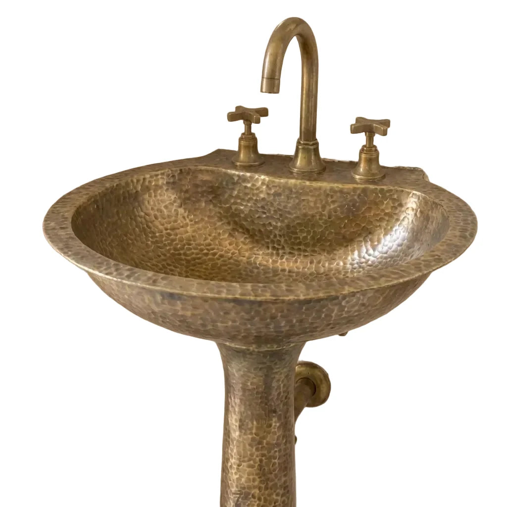 Handcrafted Hammered Brass Pedestal Sink – Vintage Unlacquered Bathroom Basin