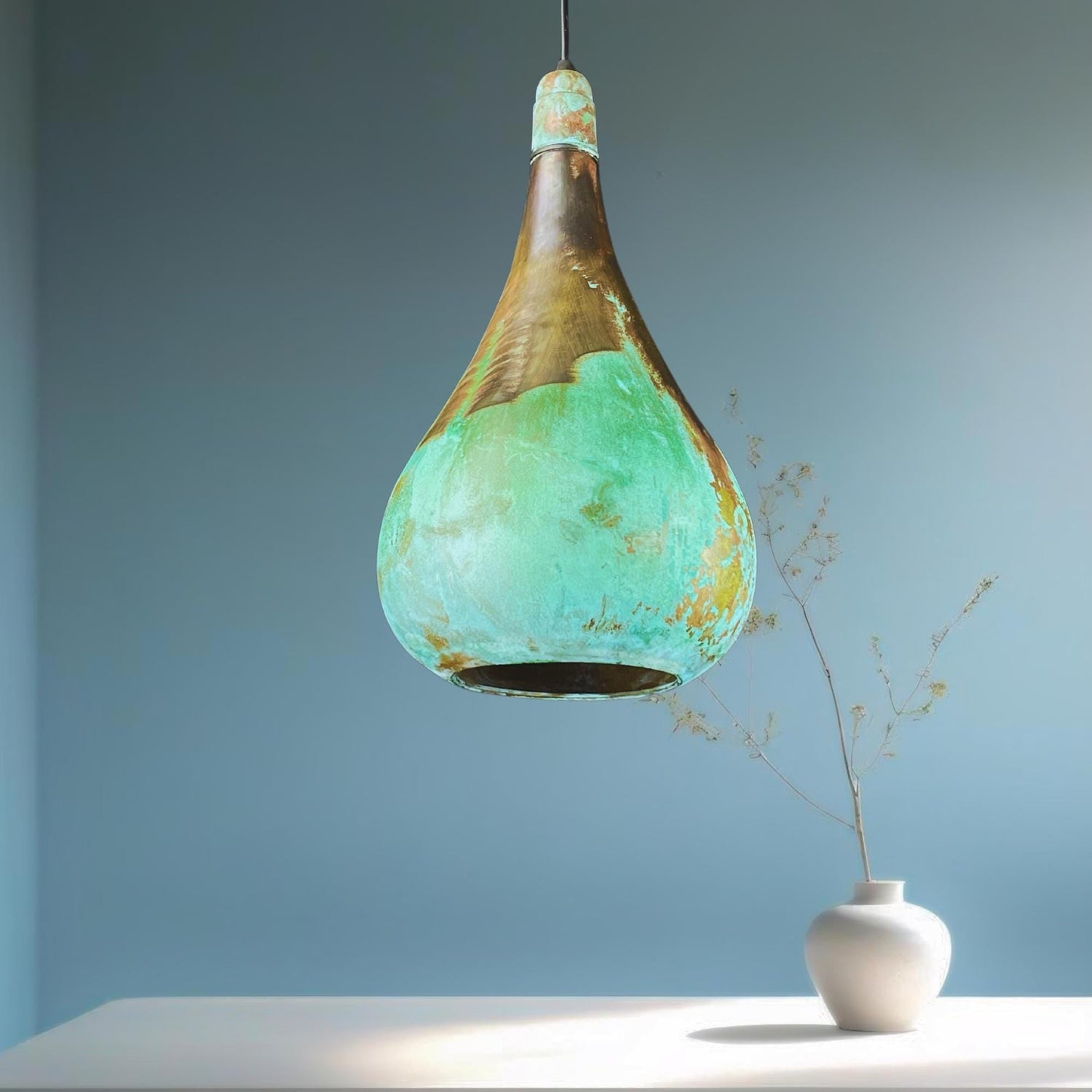 Handcrafted Patina Copper Pendant Light: Rustic Green Ceiling Lamp