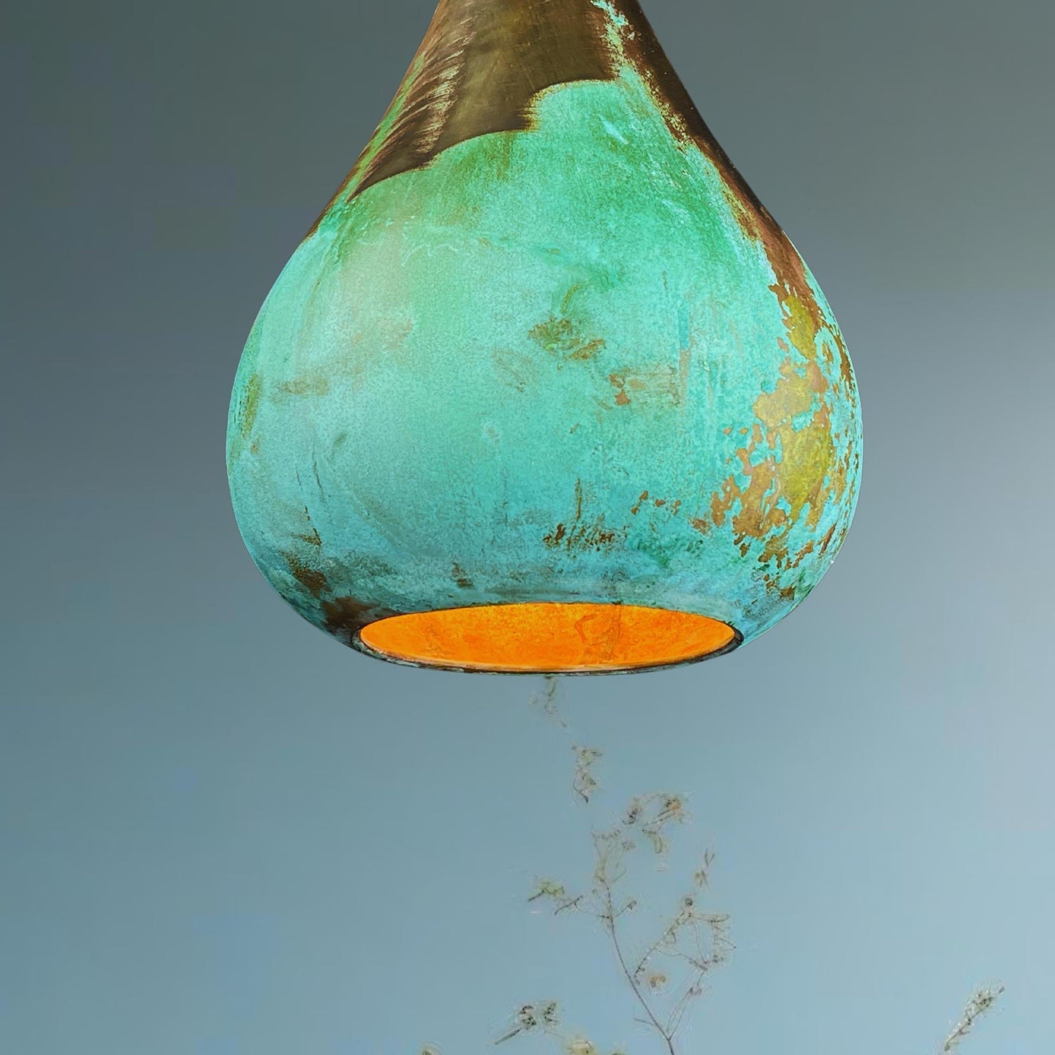 Handcrafted Patina Copper Pendant Light: Rustic Green Ceiling Lamp