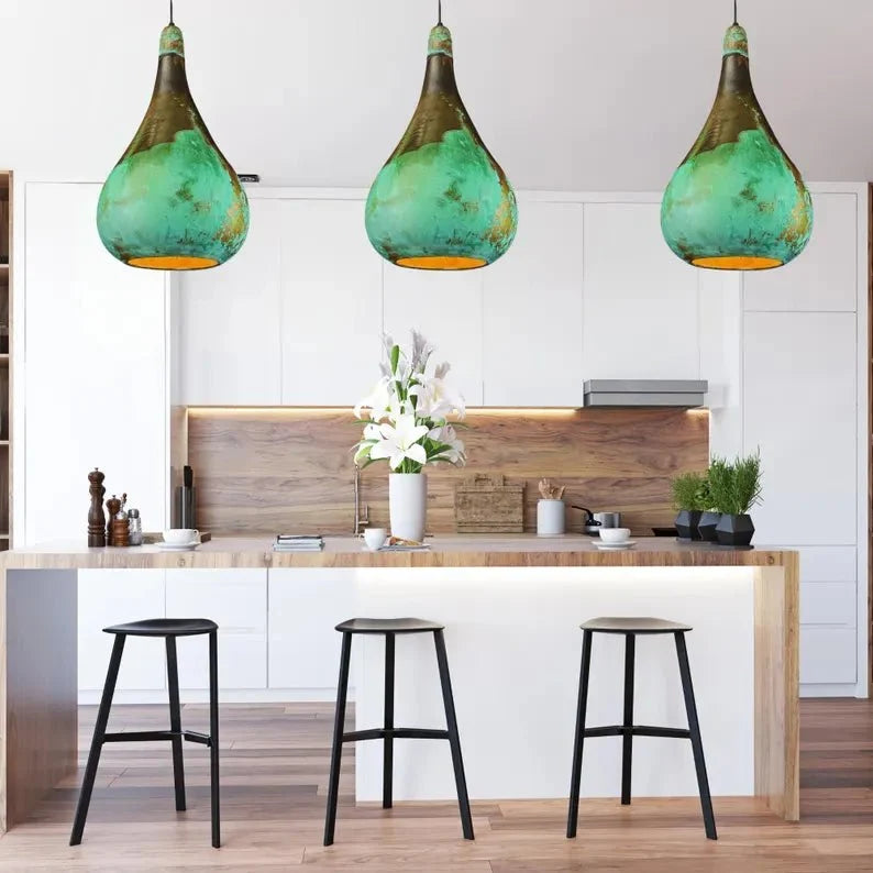 Handcrafted Patina Copper Pendant Light - Rustic Green Ceiling Lamp