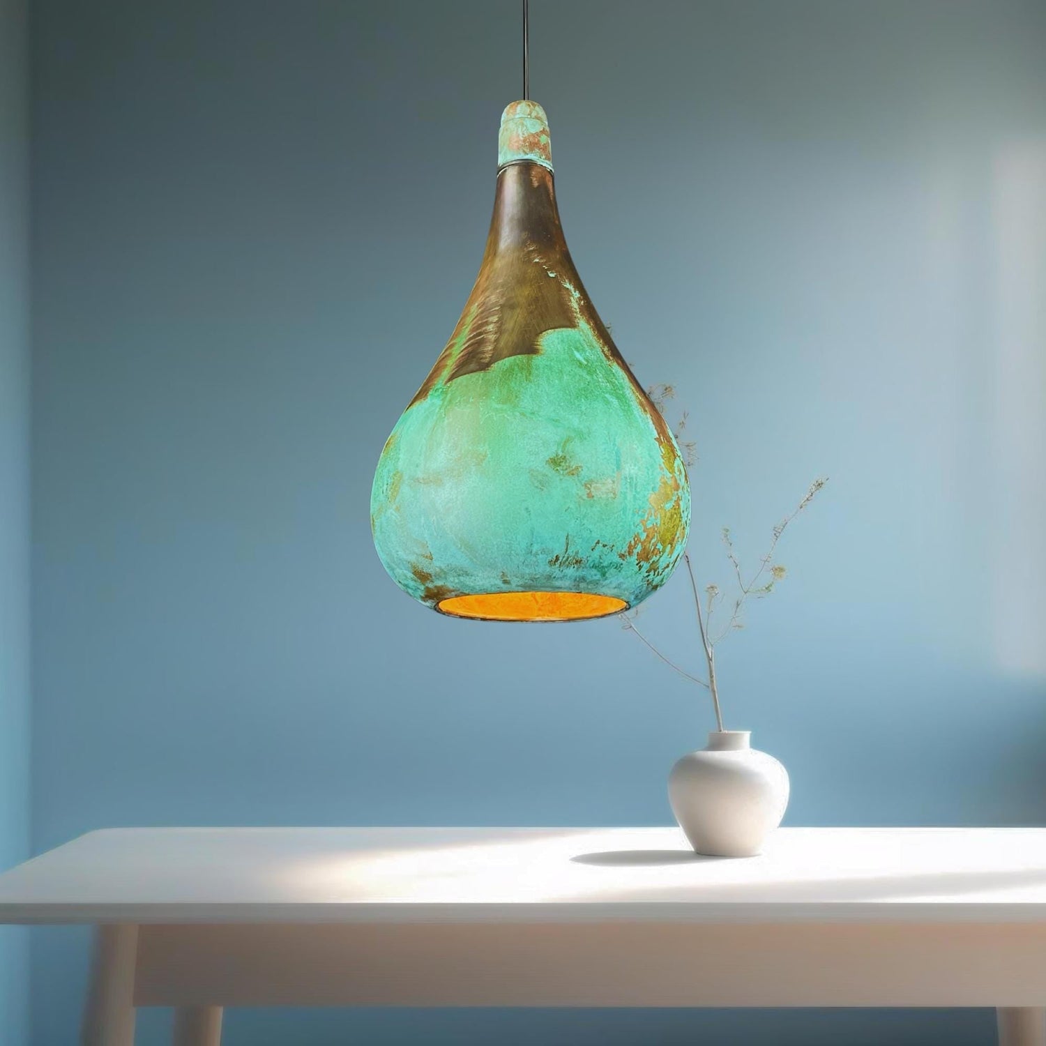 Handcrafted Patina Copper Pendant Light: Rustic Green Ceiling Lamp