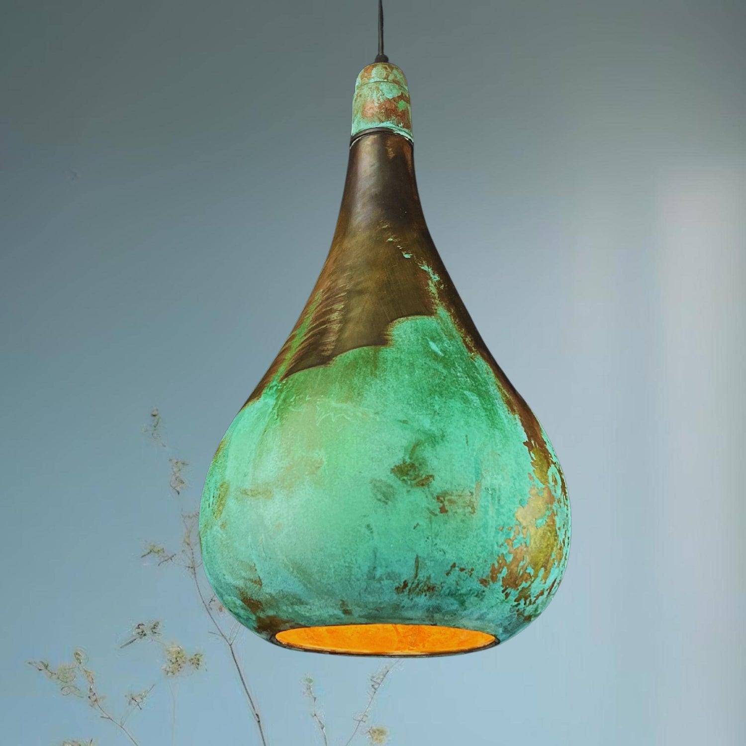 Handcrafted Patina Copper Pendant Light: Rustic Green Ceiling Lamp