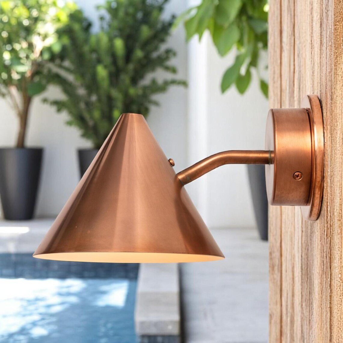 Handcrafted Polished Copper Outdoor Wall Sconce - Minimalist Conical Design