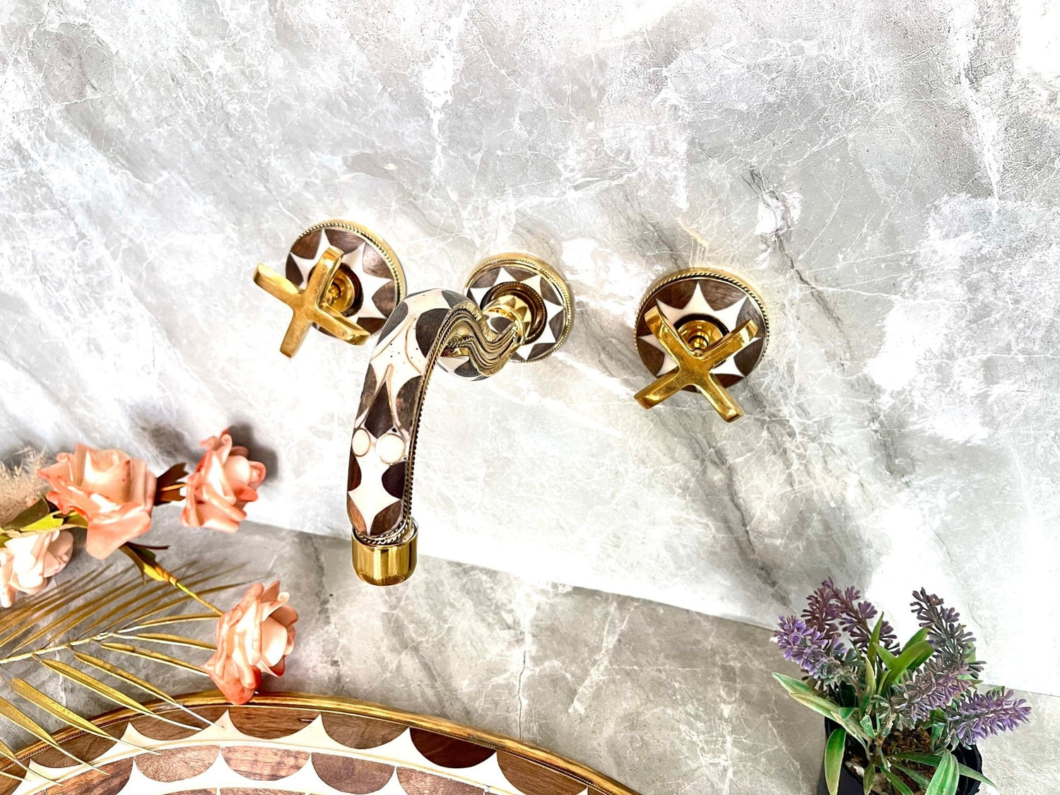Handcrafted Resin & Brass Wall Mounted Faucet - Gooseneck Bathroom Tap