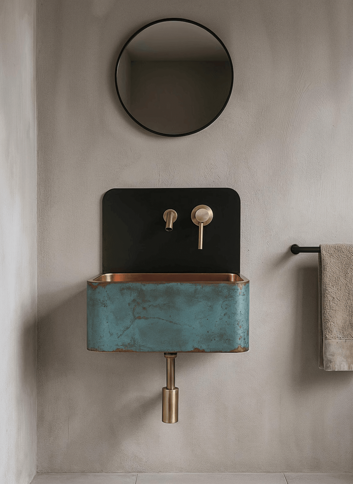 Handcrafted Wall-Mounted Blue Patina Copper Sink - Industrial Vanity Basin Set