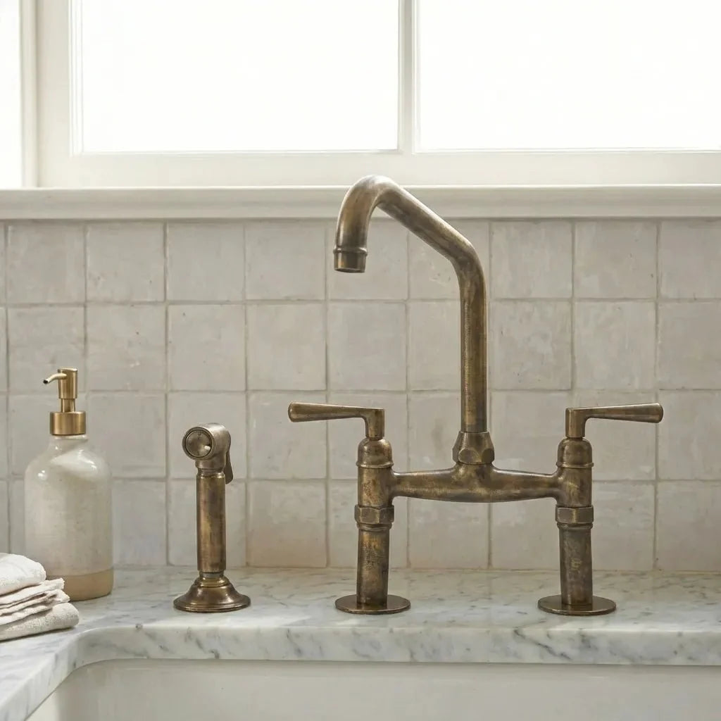 Handmade Antique Brass Bridge Kitchen Faucet for Elegant Homes