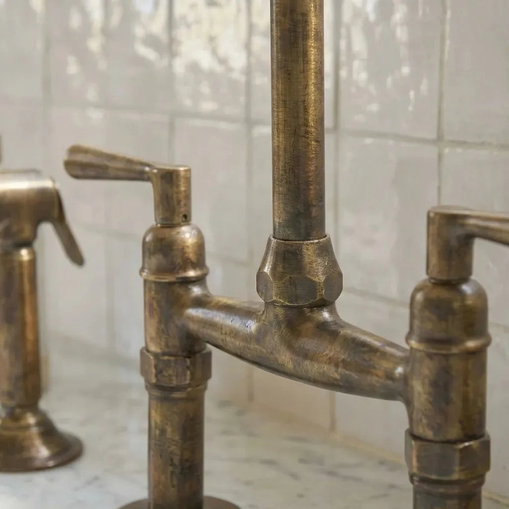 Handmade Antique Brass Bridge Kitchen Faucet for Elegant Homes