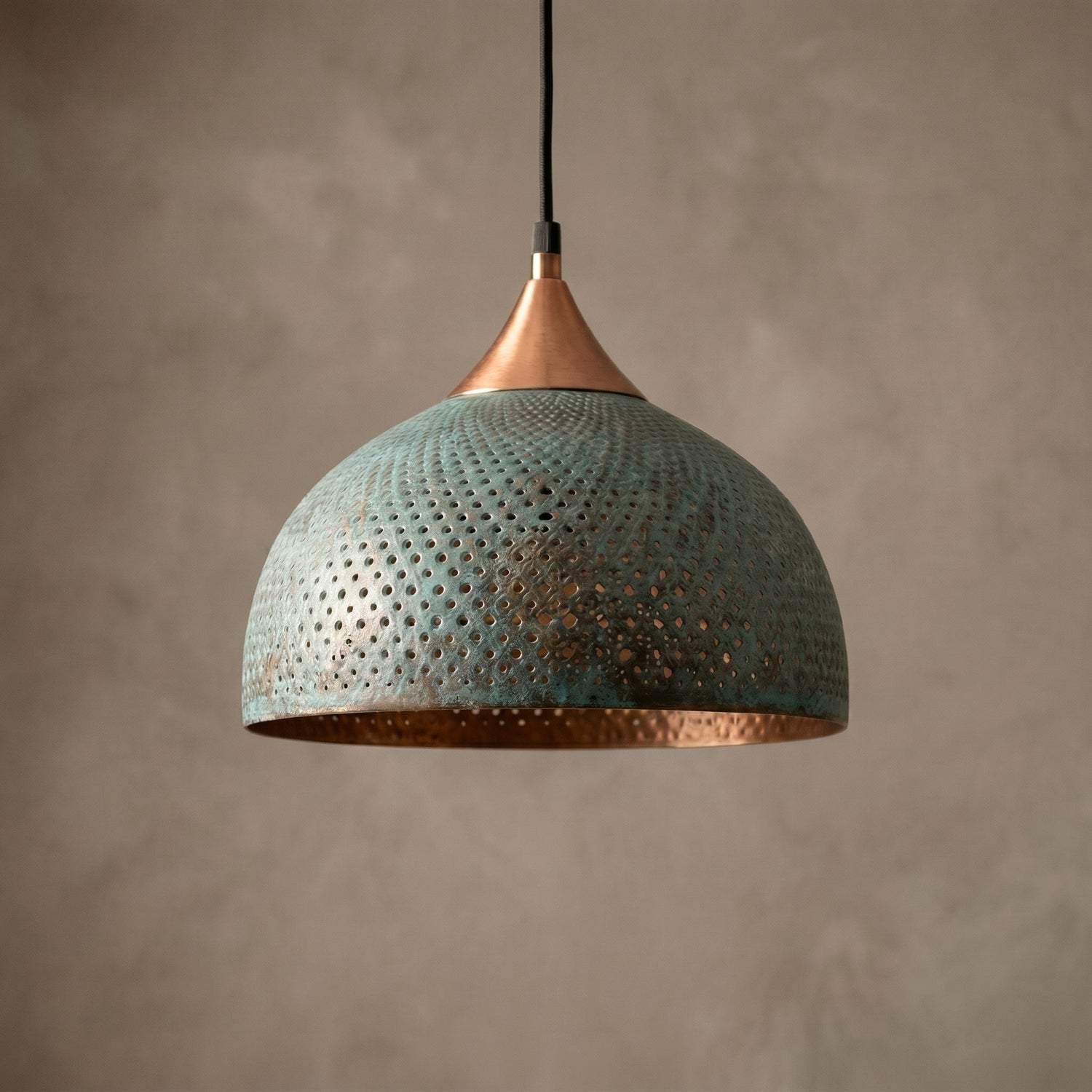 Handmade Blue Patina Brass Dome Pendant Light - Perforated Rustic Hanging Lamp