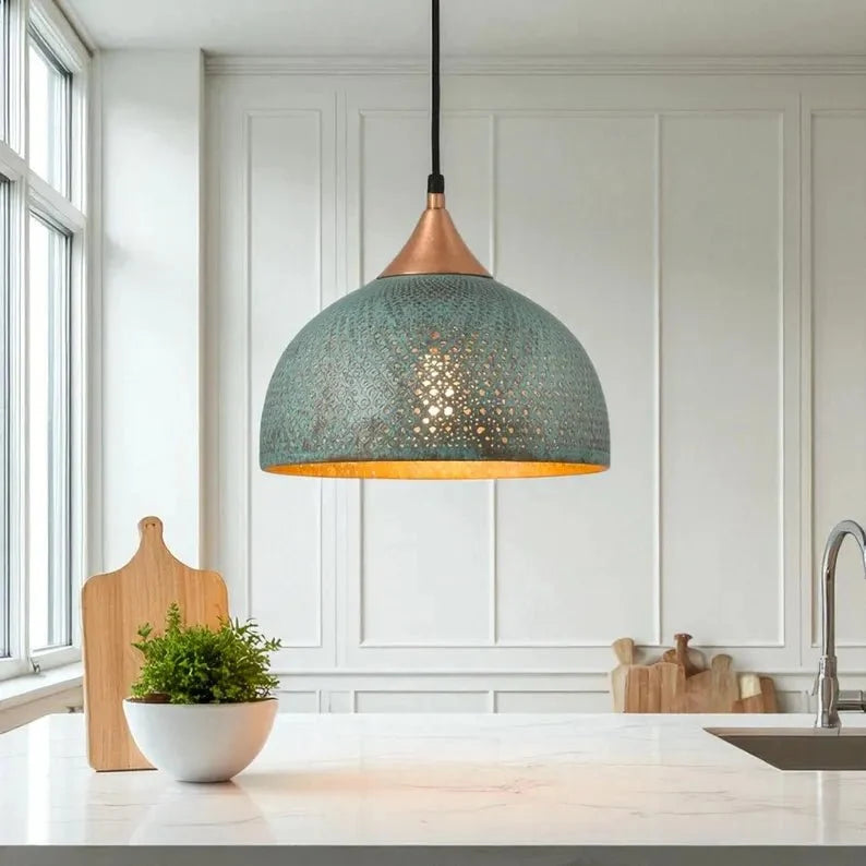 Handmade Blue Patina Brass Dome Pendant Light - Perforated Rustic Hanging Lamp