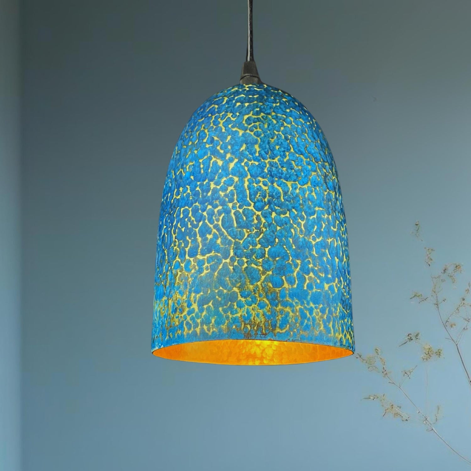 Handmade Blue Patina Brass Pendant Light: Rustic Dome Ceiling Lamp