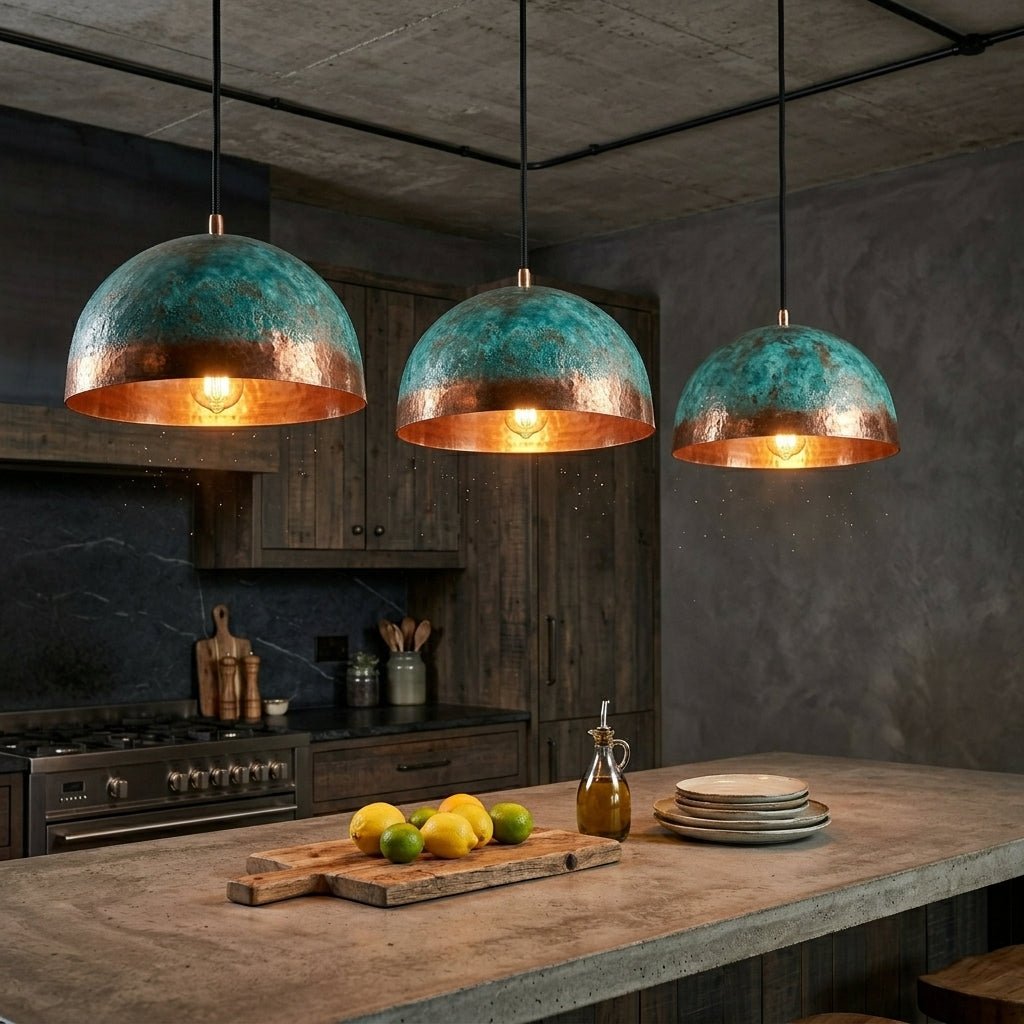 Handmade Blue Patina Copper Dome Pendant Light - Rustic Chandelier