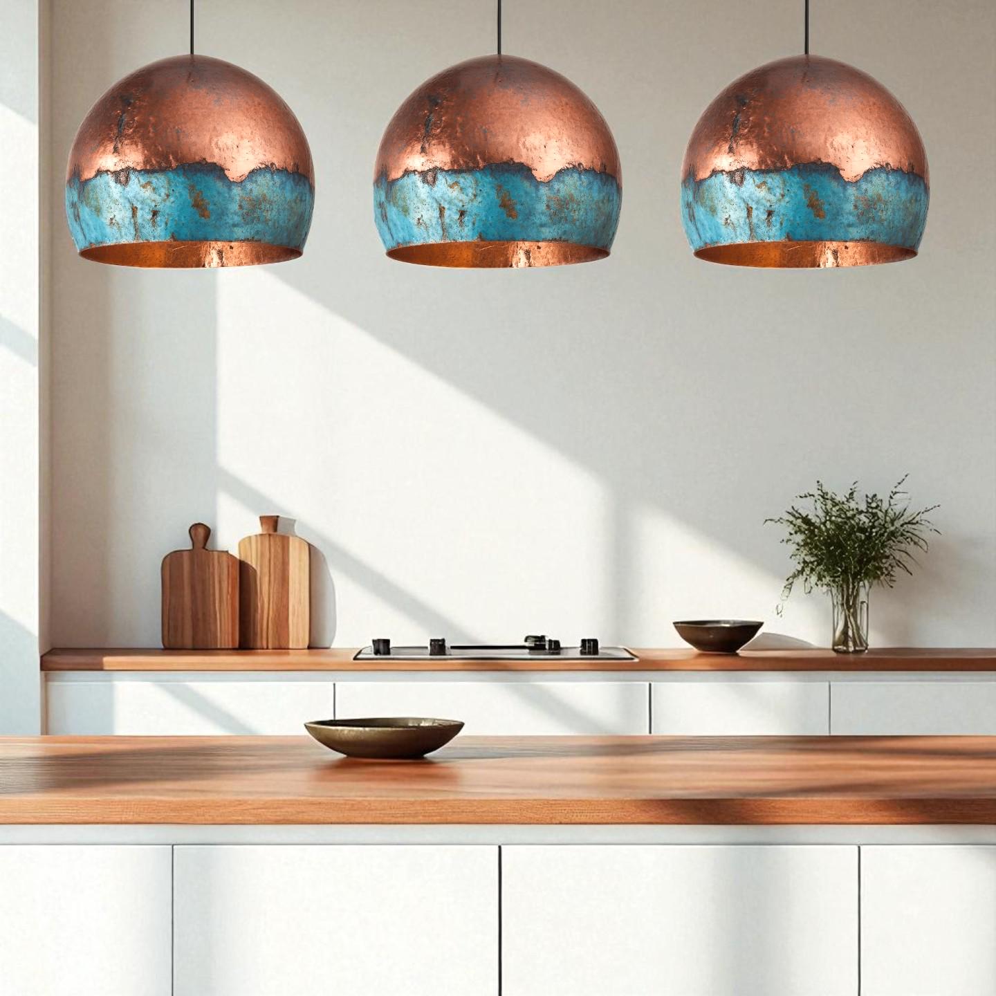 Handmade Blue Patina Copper Pendant Light: Rustic Industrial Dome Lamp