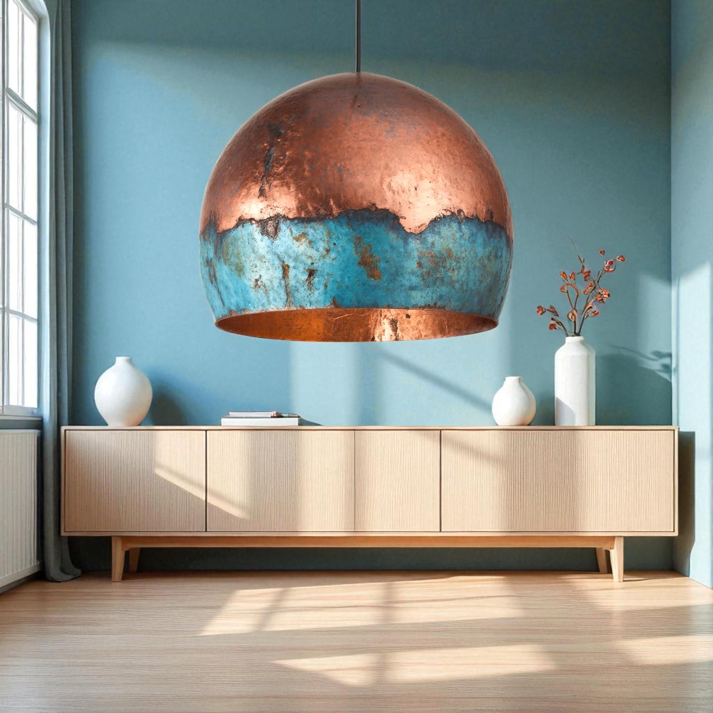 Handmade Blue Patina Copper Pendant Light: Rustic Industrial Dome Lamp
