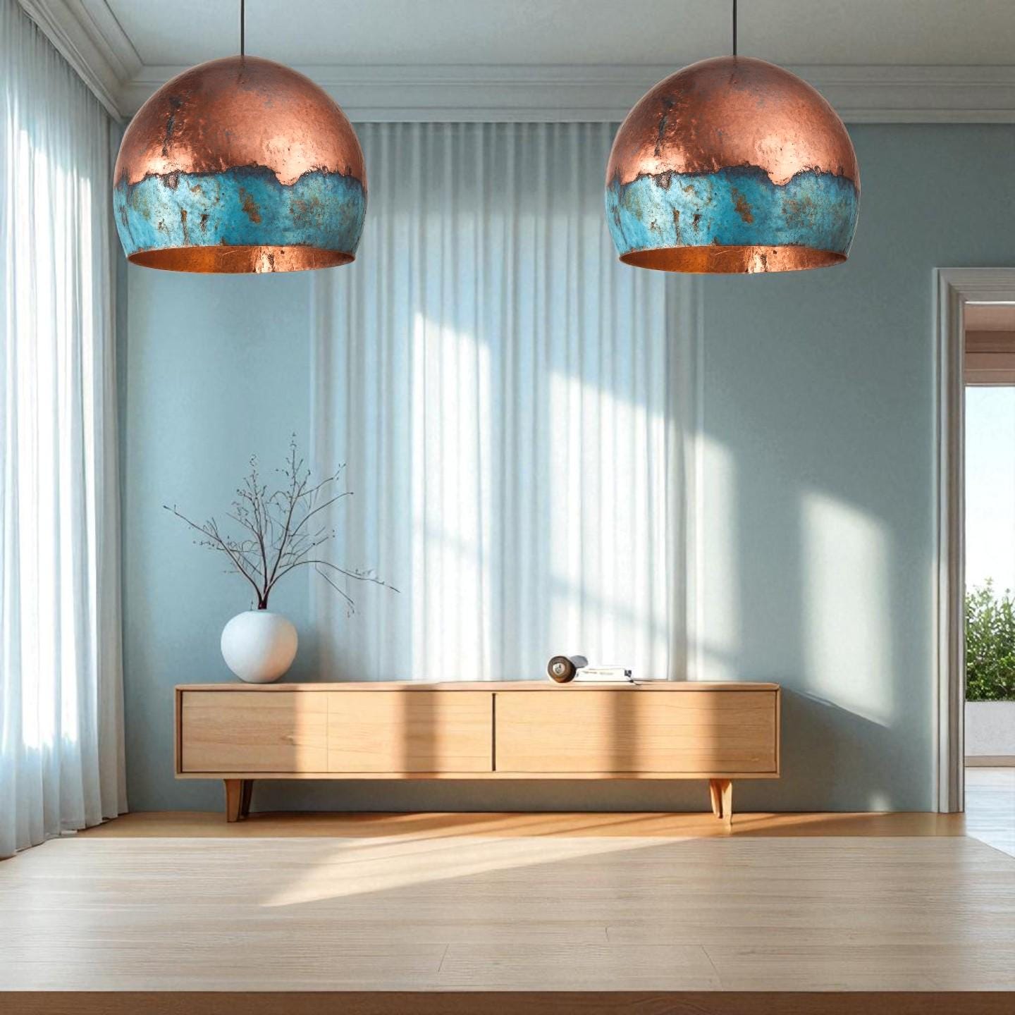 Handmade Blue Patina Copper Pendant Light: Rustic Industrial Dome Lamp