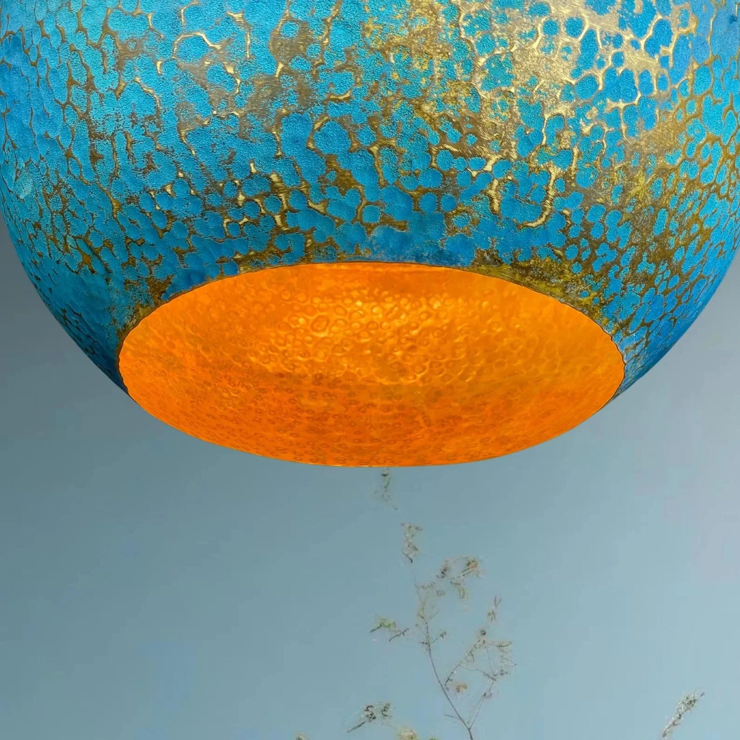 Handmade Brass Dome Pendant Light - Blue Gold Patina & Hammered Texture