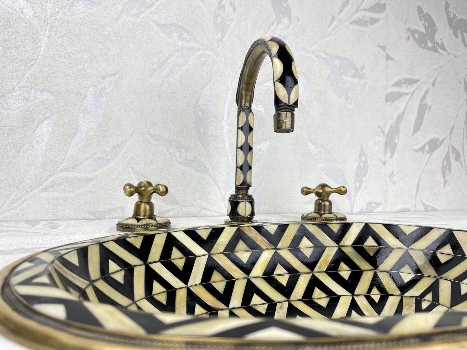 Handmade Brass Faucet & Sink Set - Resin & Bone Details Bronze Finish