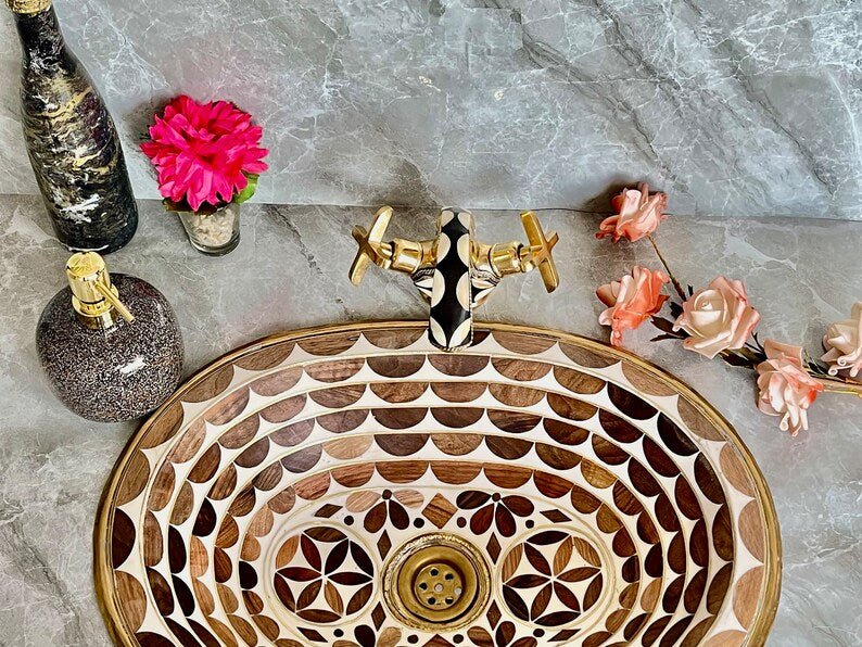 Handmade Brass Bathroom Faucet Wall Mount Brass Tap with Geometric Inlay Design