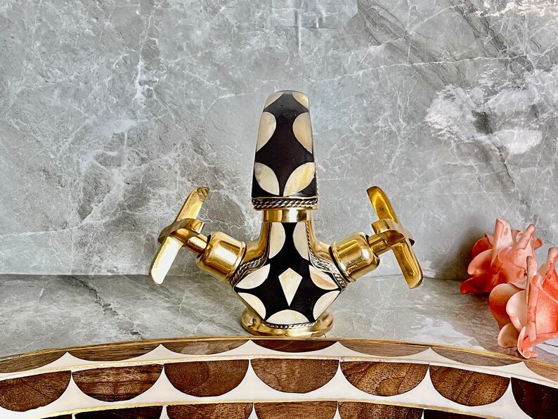 Handmade Brass Bathroom Faucet Wall Mount Brass Tap with Geometric Inlay Design