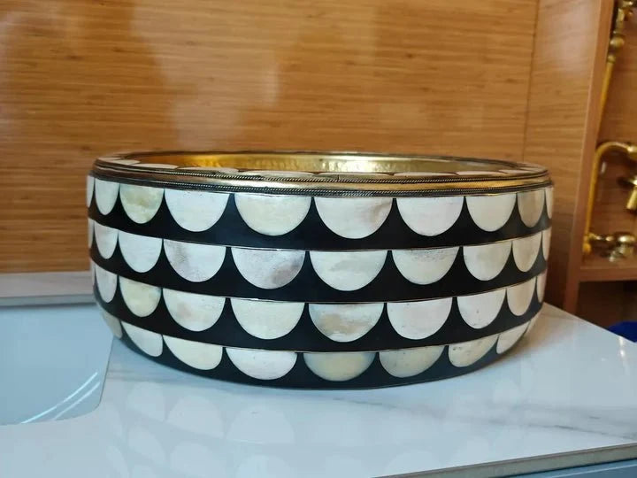 Handmade Brass Vessel Sink with Inlay Decorative Round Basin