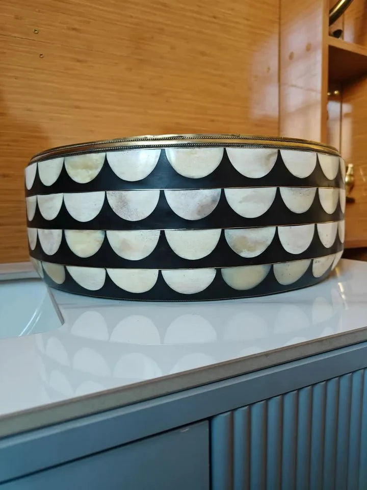 Handmade Brass Vessel Sink with Inlay Decorative Round Basin