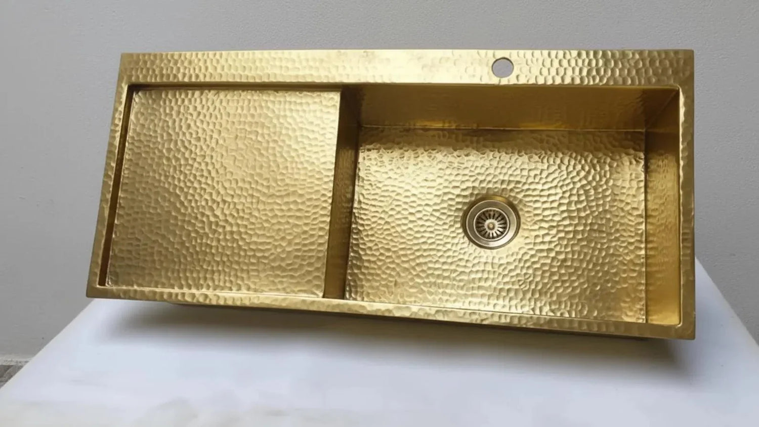 Handmade Brass Kitchen Sink with Drainboard - Hammered Gold Basin