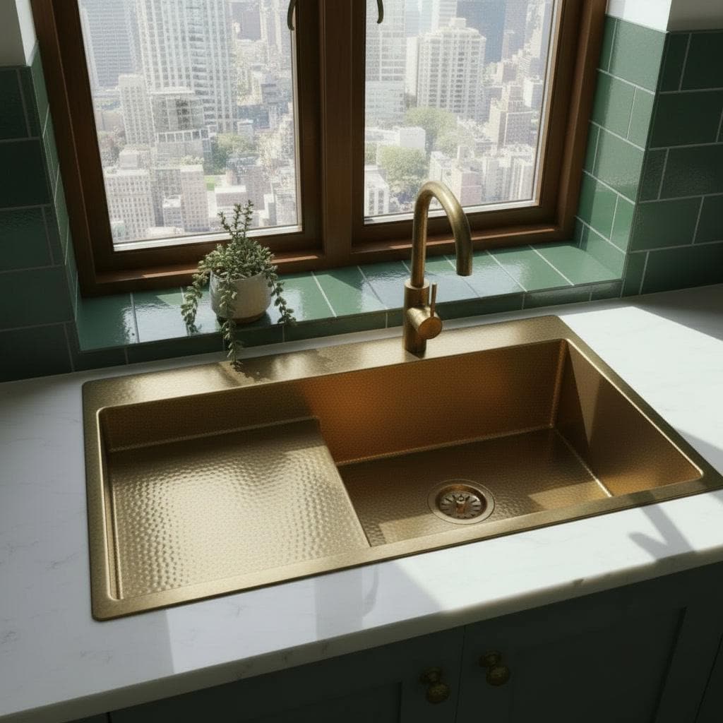 Handmade Brass Kitchen Sink with Drainboard - Hammered Gold Basin