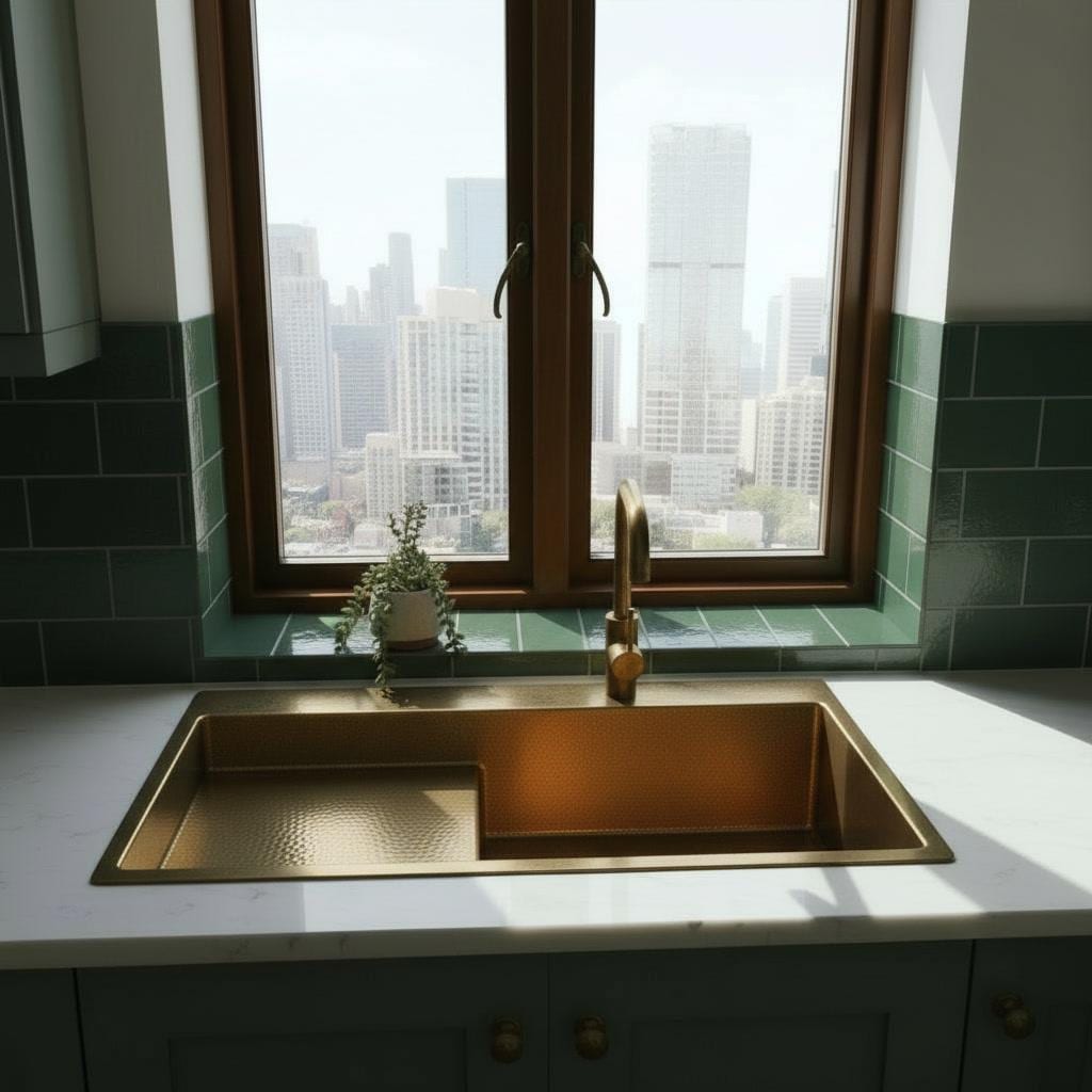 Handmade Brass Kitchen Sink with Drainboard - Hammered Gold Basin