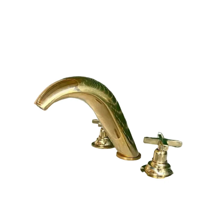 Handmade Brass Widespread Bathroom Faucet – Curved Spout with Cross Handles